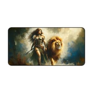 Warrior woman walking beside a majestic lion.