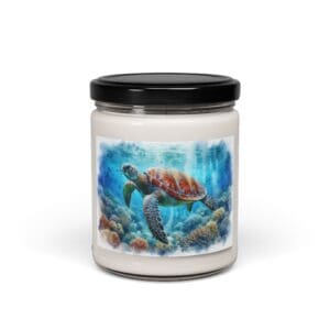 Candle jar with sea turtle illustration.