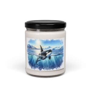 Candle jar with orca ocean illustration.
