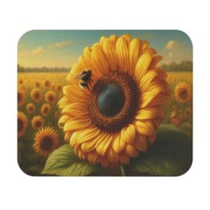 Bee on sunflower in a sunny field.