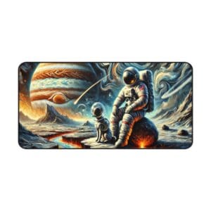 Astronaut and dog on alien planet.