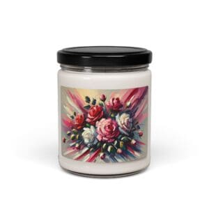 Candle jar with colorful floral design.