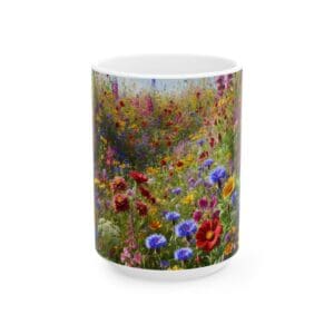 Floral mug with colorful wildflower design.