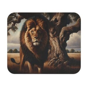 Lion standing by an ancient tree.