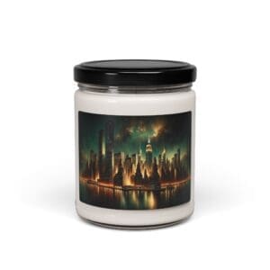 Candle jar with cityscape label design.