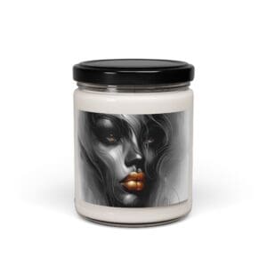 Candle jar with abstract face design.