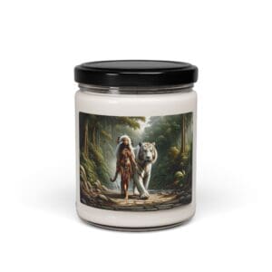 Jar with fantasy tiger and person design.
