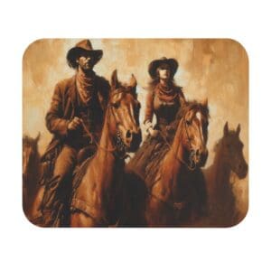 Cowboys riding horses in the sunset.