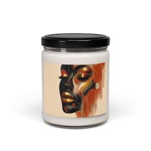 Candle jar with abstract face design.