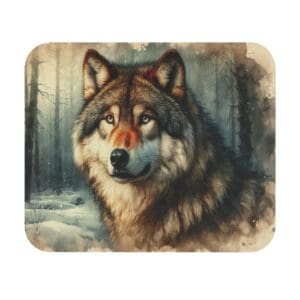 Majestic wolf in snowy forest scene.