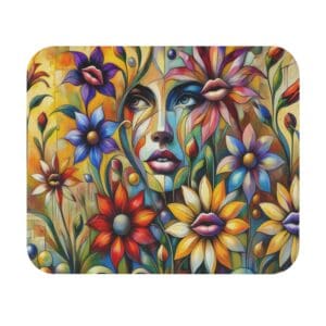 Abstract face surrounded by colorful, blooming flowers.