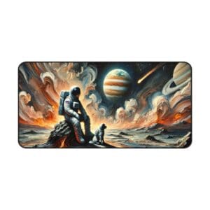 Astronaut and dog on alien planet.