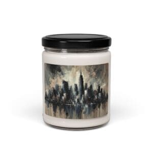 Candle jar featuring abstract cityscape artwork.