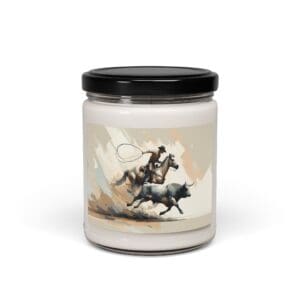 Candle jar with cowboy and bull illustration.
