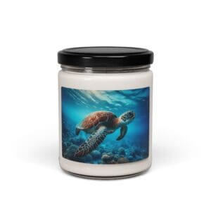 Candle jar with sea turtle image.