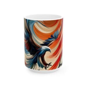 Colorful eagle design on white ceramic mug.