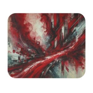 Abstract red and gray geometric artwork.