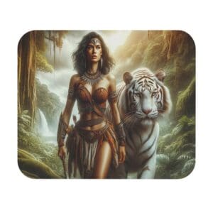 Warrior woman and white tiger in jungle.