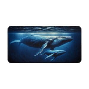 Two whales swimming underwater, illuminated by light.