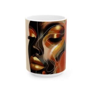 Artistic mug featuring abstract face design.