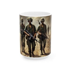 Soldiers walking on a mug design.