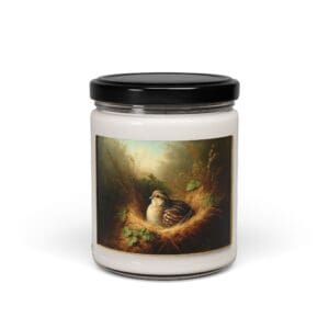 Candle jar with bird nest illustration.