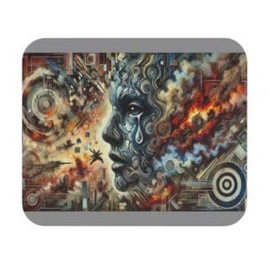 Abstract face with geometric and fiery patterns.
