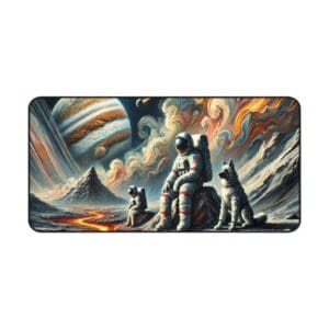 Astronaut and dogs on alien planet landscape.