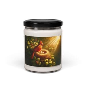 Candle jar with cardinal and nest artwork.