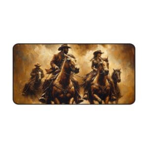 Cowboys riding horses in a dynamic painting.