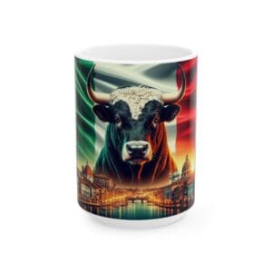 Bull with Italian flag and cityscape mug.