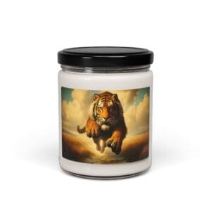Tiger on candle jar against cloudy sky.