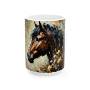 Horse painting on white ceramic mug.