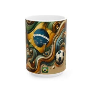 Brazilian flag and soccer ball on mug.