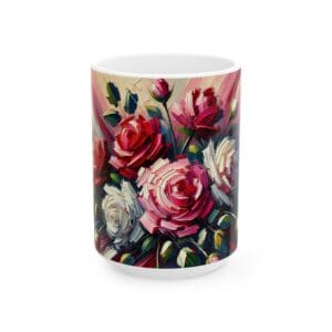 Mug with colorful abstract rose painting design.