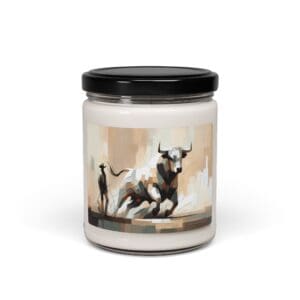 Candle jar with abstract bull and matador.