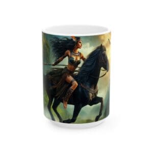 Warrior woman riding a black horse mug.