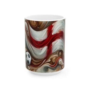 Abstract mug with swirling colors and soccer.