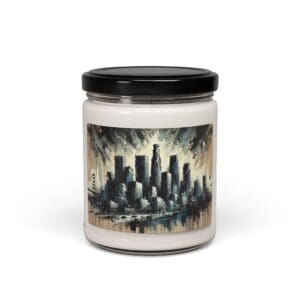 Jar candle with city skyline illustration.