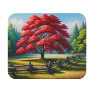 Red tree beside wooden fence in meadow.