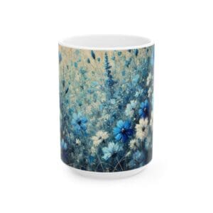 Blue floral design on ceramic mug.