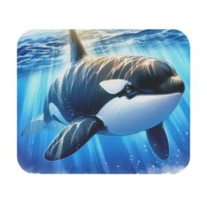 Orca swimming underwater with sunlight rays.