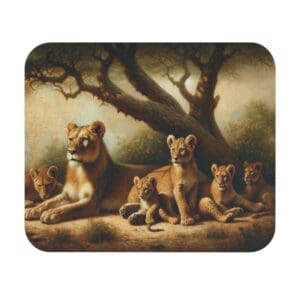 Lioness with cubs resting under tree.