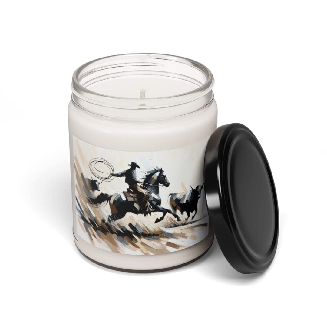 Candle jar with cowboy illustration and lid.
