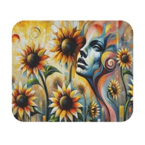 Abstract painting of woman among sunflowers.