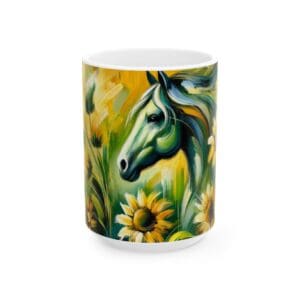 Colorful horse and sunflowers painted mug.