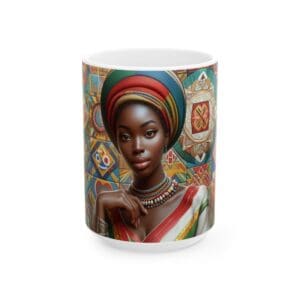 Colorful mug with woman in traditional attire.