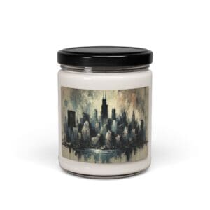 Candle jar with abstract cityscape design.