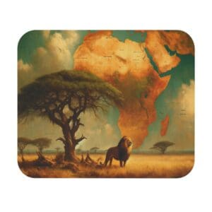 Lion under tree with Africa map background.