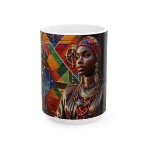 Colorful mug featuring artistic portrait design.